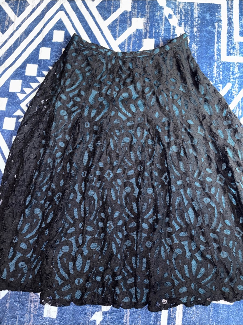 Coldwater Creek Black Lace Skater Skirt with Teal Underlay